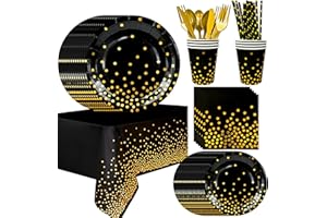 FRUITFUL PARTY Party Geschirr Schwarz Gold,193pcs Schwarzgoldenes Geburtstag Party Geschirr-Pappteller Schwarz Gold Servietten etc Schwarz und Gold Partygeschirr