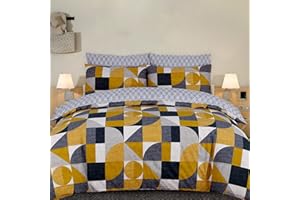 DTEX HOMES 100% Cotton Duvet Cover Set Printed Reversible Duvet Quilt Cover Set,Geometric mustard and Grey-King