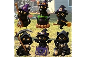 ILMFMY Halloween Gartendeko – 6er Set Schwarze Katzen Figuren mit Hexenhut, Besen, Sichel & Flügel, wetterfest & wiederverwendbar, Outdoor Gruseldeko für Garten, Terrasse, Rasen & Party