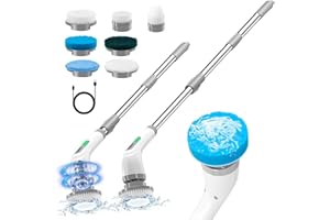 OKANEMOQI Spazzola per Pulizia Elettrica, Spazzola Elettrica Rotante con Impugnatura Regolabile, 2 Velocità, 7 Testine Sostituibili e Display a Batteria, per Vasca Doccia Pavimento Cucina Auto