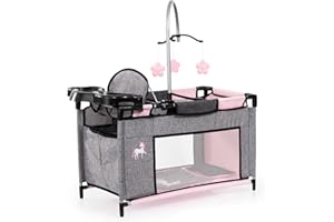 Bayer Design 62633AB Lit de poupée avec Chaise Haute intégrée, Table à Langer, Mobile, Gris, Rose
