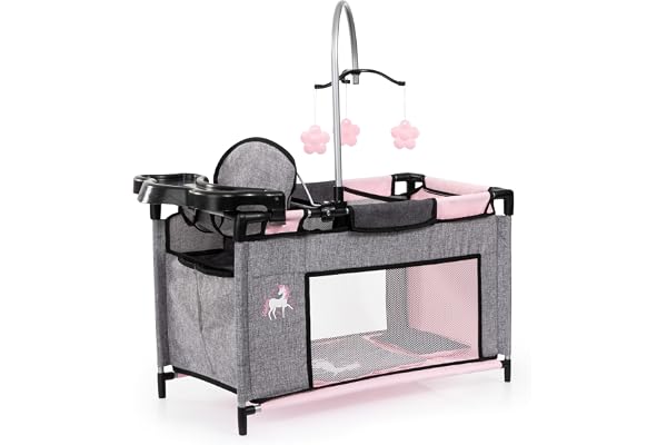 Bayer Design 62633AB Lit de poupée avec Chaise Haute intégrée, Table à Langer, Mobile, Gris, Rose