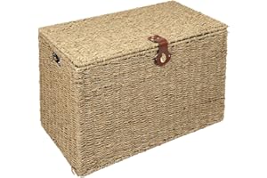 Woodluv Natural Seagrass Lidded Trunk, Toy Box Chest, Storage Basket, Handwoven Organiser - Medium