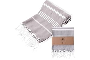 ‎YENGAS YENGAS Hamamtuch XXL, 95x175 cm, Oeko-TEX Zertifiziert, 100% Baumwolle, Großes Peshtemal Tuch, Badetuch für Spa, Sport, Yoga, Pilates, Reisen, Leicht & Platzsparend, Saunatuch, Strandtuch, Grau