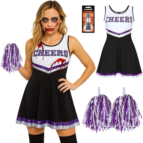 Costume Da Cheerleader Vampiro Per Bambina Taglia XL (13-14 Anni) – Nero/Rosso Con Pompon, Sangue Finto E Vernice Viso - 3