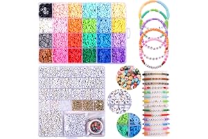 Naler 24 Farben Clay Perlen, 6457 Stück Perlen zum Auffädeln 6mm Polymer Clay Beads Set mit Buchstaben Set Schmuckherstellung Kit für Halsketten-Ohrring DIY Handwerk