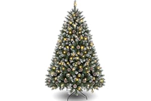 Himimi Árbol de Navidad Artificial de 180 cm con 250 LED y Nieve (Ø Aprox. 110 cm) 1000 Puntas, Árbol de Navidad Decorado con Piñas, Ignífugo, Sistema de Montaje Rápido, Soporte Plegable Verde Blanco