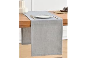 Wracra Camino de Mesa de Lino Gris Plateado de 230cm de Largo, Lavable a máquina, Camino de Mesa de Granja rústico para cenas, Fiestas de Vacaciones y Uso Diario