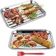 LncBoc BBQ Grill Basket Set of 2, 35x24x2.7cm Stainless Steel Rectangle Grilling Basket for Outdoor Grilling, Barbecue Steel Pan Tray for Cooking Meat Fish Vegetables with Holes