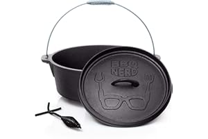 BBQ NERD BBQ-Nerd© Dutch Oven"Starter" 10,7 L con pies | ya quemados - preseasoned | Olla de hierro fundido con tapa con elevador de tapa | cacerola ignífuga para barbacoa y camping