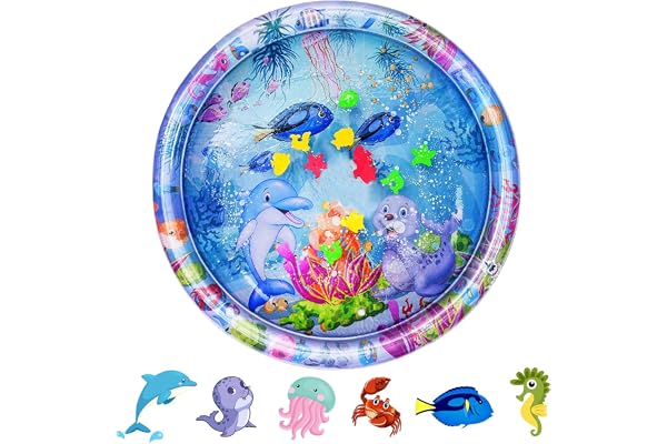 Aolso Tapis d'eau pour bébé, tapis de jeu gonflable rond 100 x 100 cm, remplissable d'eau, tapis de jeu d'eau pliable sans BPA, jouet pour bébé 3 6 9 mois – Style phoque (bleu)
