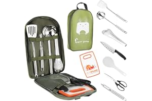 DOEDOEFONG Juego de utensilios de cocina para camping, herramientas portátiles al aire libre, juego de cubiertos de cocina con cubiertos multifuncionales de acero inoxidable y bolsa de almacenamiento impermeable