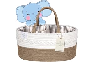 KiddyCare - Vielseitiger Wickelkorb und Windel-Organizer aus 100% Baumwolle und Gewebtem Seil, 3 Herausnehmbare Fächer, Ideal für Unterwegs, Babyshower Geschenk [Natural, Normale Größe]