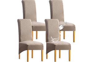 SHENGYIJING 1/2/4/6 PCS Diamond Lattice FStretch Waterproof XL Chair Covers for Dining Room, Spandex Large Dining Chair Slipcovers High Back Jacquard Dining Chair Covers (Khaki,Set of 4)
