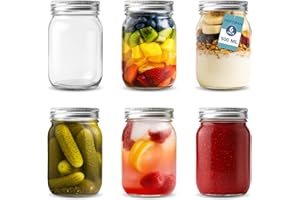 HEFTMAN Tarros de cristal con tapas, juego de 6 tarros herméticos de 500 ml para avena nocturna y mermelada casera, tarros de vidrio grandes y resistentes