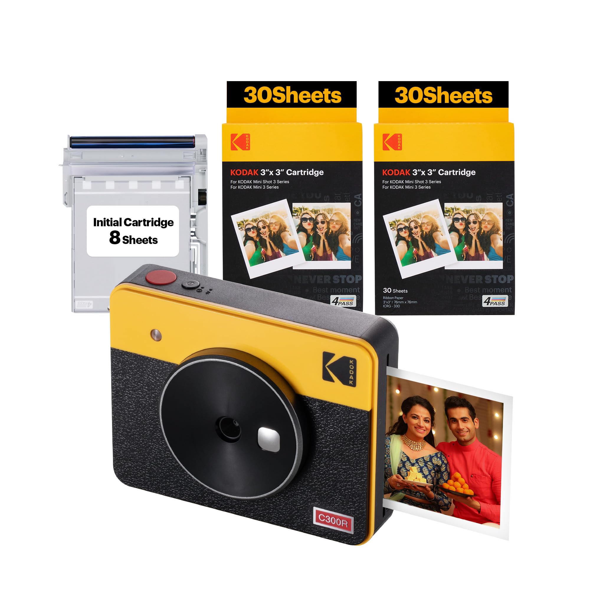 KODAK Mini Shot 3 Retro 4PASS 2-in-1 Instant Camera and Photo Printer (3x3 inches) + 68 Sheets Bundle, Yellow