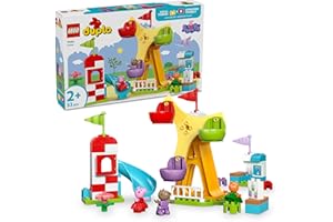 LEGO DUPLO Świnka Peppa Wesołe miasteczko, kreatywne zabawki dla dzieci do zbudowania, klocki dla 2-latka do nauki kolorów z Pieskiem Danny i Kotką Candy, prezent dla dziewczynki i chłopca 10453