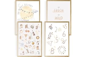 EULENTALER® Lernposter im Boho-Stil I Von Pädagogen kreativ & durchdacht gestaltet I ABC & Zahlen Poster für Kinder I Deko Bilder Kinderzimmer für Mädchen & Jungen (4er Set im DIN A4 Format)