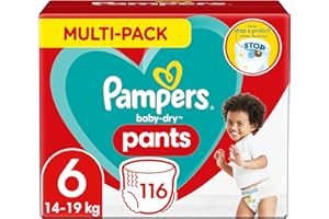 Pampers Couches-Culottes Taille 6 (15+ kg), Baby-Dry, 116 Couches-Culottes Bébé, Multi Pack, Maintien 360° pour Éviter les Fuites, Faciles à Changer