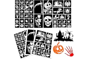 XMASIR 45Pcs Halloween Temporary Tattoo Stencils Tattoos Stickers Waterproof Reusable Glitter Airbrush Tattoo Templates for Women Kids Masquerade Prank Makeup Party(3 Sheets)