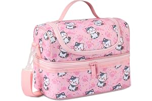 Kasgo Borsa Termica, Isolato Borsa Termica Porta Pranzo Borsa Frigo Scuola Borse Alimenti con Doppio Scomparto e Tracolla Regolabile Staccabile per Bambini Ragazzo Ragazza Rosa Chiaro Gattino