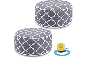 Juexica 2 Pack Outdoor/Indoor Inflatable Ottoman, All Weather Round Pouf with Handle D21 x H9, Water Repellent Portable Footstool Pouf for Patio Garden Camping or Home