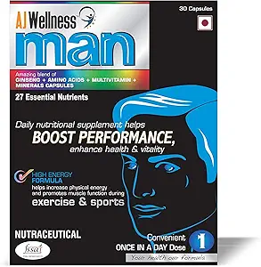 AJWellness Man- Once a day Multivitamin health supplement for men of all ages containing natural extracts of Ginseng, Amino acids, Vitamin C, D3 and Zinc to revitalize health, improve immunity, hair & skin and increase energy and stamina for sports and bodybuilding (60 soft gel capsules/pack of 2)