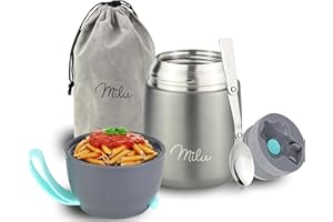 Milu Thermo per Alimenti 300ml 440ml 450ml 650ml 800ml I Contenitore Termico di Acciaio Inossidabile, Isotermico Sottovuoto per Cibi Caldi e Freddi (Grigio, 450ml)