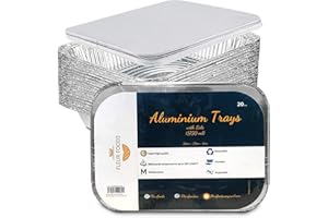 FLEUR FOODS [20 Pack] Large Disposable Tin Foil Trays with Lids for Baking Roasting BBQ Cooking 260 x190 x 60mm | Baking Tray Roasting Tin Baking Trays for Oven | 1750ml Heavy Duty Aluminium Foil Food Containers