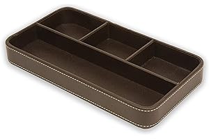 Osco Brown Faux Leather Drawer Organiser – Valet Tray, Drawer Tidy, Divider, Jewellery Display, and Stationery Storage (H3.5 x W30 x D16 cm)