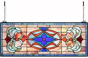 Yogoart Extra Large Horizontal Blue Victorian Stained Glass Window Panels Hanging Transom Window Panels (30"" X 12""), HPT41