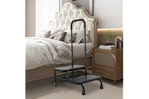 NIdreamCE Bed Steps for High Beds for Elderly,Adults,2 Step Stool with Adjustable Handrail for Fall Prevention Foot Stool Ladder for Bedside,Kitchen, Car,Caravan,Bathtub(Black