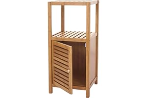 ‎MENDLER Mendler Badregal HWC-B18, Badezimmer Badschrank Standregal mit Tür, Bambus - 80x36x34cm