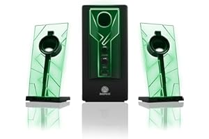 GOgroove BassPULSE 2.1 Altavoces PC Gaming con Luces LED y Subwoofer Activo - Sistema de Altavoces para Juegos en Computadoras de Escritorio, Portátiles, PC 40 Vatios, Graves Pesados ​​- Verde