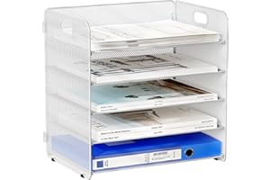 EasyPAG Portadocumenti da Scrivania A4 5 Compartimenti Metallo Rete,Vassoio Lettere,Ripiano Portacorrispondenza,Organizzatore Carta per Ufficio & Casa,Bianco
