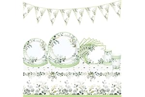 QIFU 98pcs Assiette Jetable Anniversaire - Vaisselle Jetable Anniversaire Set Avec Assiettes Carton,Gobelet, Nappe,Nappe Anniversaire&Bannière,Assiette Jetable Verte Pour Decoration Baby Shower Mariage