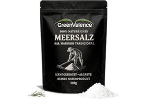 GreenValence Sal Marinho Tradicional – 100% Natürliches grobes Meersalz aus der Algarve, Handgeerntet, Unraffiniert, Reich an Mineralien, Ohne Zusätze, Premium Gourmet Salz für Küche & Grill (500g)