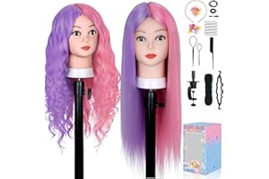 MYSWEETY 26" Tete A Coiffer Professionnel Têtes à Coiffer 50% Cheveux Naturel Tete A Coiffer Enfant pour Le Salon Coiffeur et Enfant Avec Support+Ensemble de Tresse (Rose + Violet Clair)
