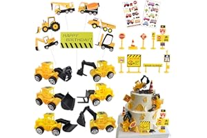BOYATONG 24 piezas de decoración para tartas, diseño de vehículo de construcción, niños, señales de tráfico, vehículos de construcción, cupcakes, excavadoras, niños y niñas, color amarillo