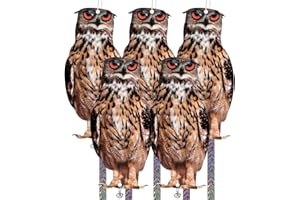 SKYSTUFF Gufo Repellente per Uccelli spaventatore, Repellente per piccioni dissuasione Appendere all'aperto, Nastro Riflettente per Uccelli spaventapasseri da Appendere con Campane, Confezione da 5