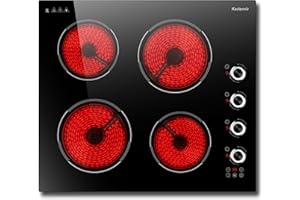 Karienvir Electric Hob 60cm 4 Zone,Ceramic Hob 6000W, Electric Ceramic Hob 220-240V Hardwired, Kitchen Hob 4 Burners with Safety Lock, Timer, Pause Function, Knob & Touch Control