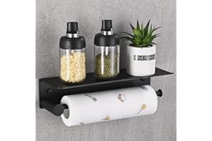 HANFU Porta Rotolo da Cucina, Autoadesivo Portarotolo da Parete Senza Forature, Alluminio per Scottex con Ripiano 34cm/13.4in, Supporto di Carta per Bagno, Nero