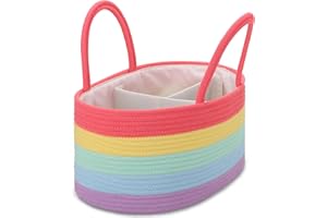 COMSE Large Nappy Caddy Organizer for Girl Boy, Baby Car Diaper Caddy with Handles, Cotton Rope Diaper Basket, Baby Shower Gifts Newborn Essentials Registry Must Have, Rainbow