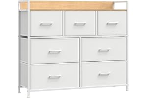 ‎SONGMICS SONGMICS Komoda, szafa, 7 szuflad materiałowych z uchwytami, metalowy stelaż, wzornictwo przemysłowe, kolor biało-dębowy LTS523W57