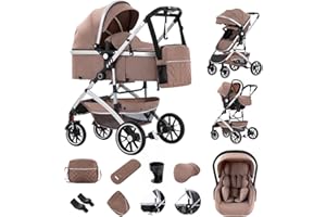 Zkiprm 3-in-1 Combination Pram Travel Systems with Baby Seat, up to 22 kg, Foldable Buggy, Aluminium Frame, Mosquito Net/Rain Cover, Mum Bag Included, 0-4 Years Khaki