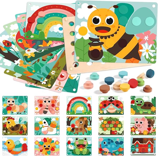 Hzitcigm Jeu de Mosaïque en Bois Montessori – Puzzle Enfant 2 3 Ans, Jouet Éducatif avec 30 Boutons & 16 Cartes Modèles – Motricité Fine, Reconnaissance Couleurs – Cadeau Fille Garçon 3 4 5 Ans Toys - 1