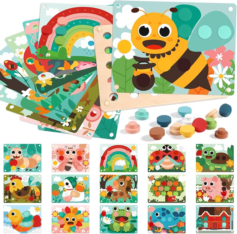 Hzitcigm Jeu de Mosaïque en Bois Montessori – Puzzle Enfant 2 3 Ans, Jouet Éducatif avec 30 Boutons & 16 Cartes Modèles – Motricité Fine, Reconnaissance Couleurs – Cadeau Fille Garçon 3 4 5 Ans Toys