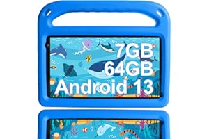 SUAAT Tablet Niños Android 13 7GB RAM+64 GB ROM, Tablet para Niños 7 Pulgadas, WiFi, Bluetooth, GPS, Educación + Juegos, Cámara Dual, Control Parental, con EVA Funda -Azul