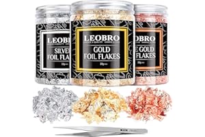 Imitation Gold Flocken, LEOBRO 30G Goldfolie Flocken zum Künstlerbedarf Basteln und Malen, 3 Set Blattmetall Blattgold Flocken für Epoxidharz, Nagelkunst, Resin, Dekoration, Kunsthandwerk,mit Pinzette