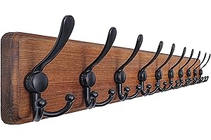 Dseap Coat Rack Wall - Heavy-Duty 97cm Long, with Reinforced 10 Custom Tri-Hooks, Solid Wood Wall Hanger for Coats Hat Jackets - Rustic Farmhouse Entryway Hallway Storage, Natural & Black